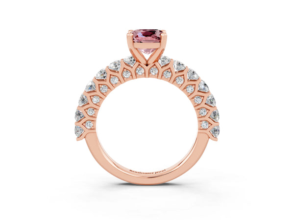 Rose gold Cushion Cut Morganite Solitaire Ring with Shared Prong Pavé Band and Four-Prong Setting
