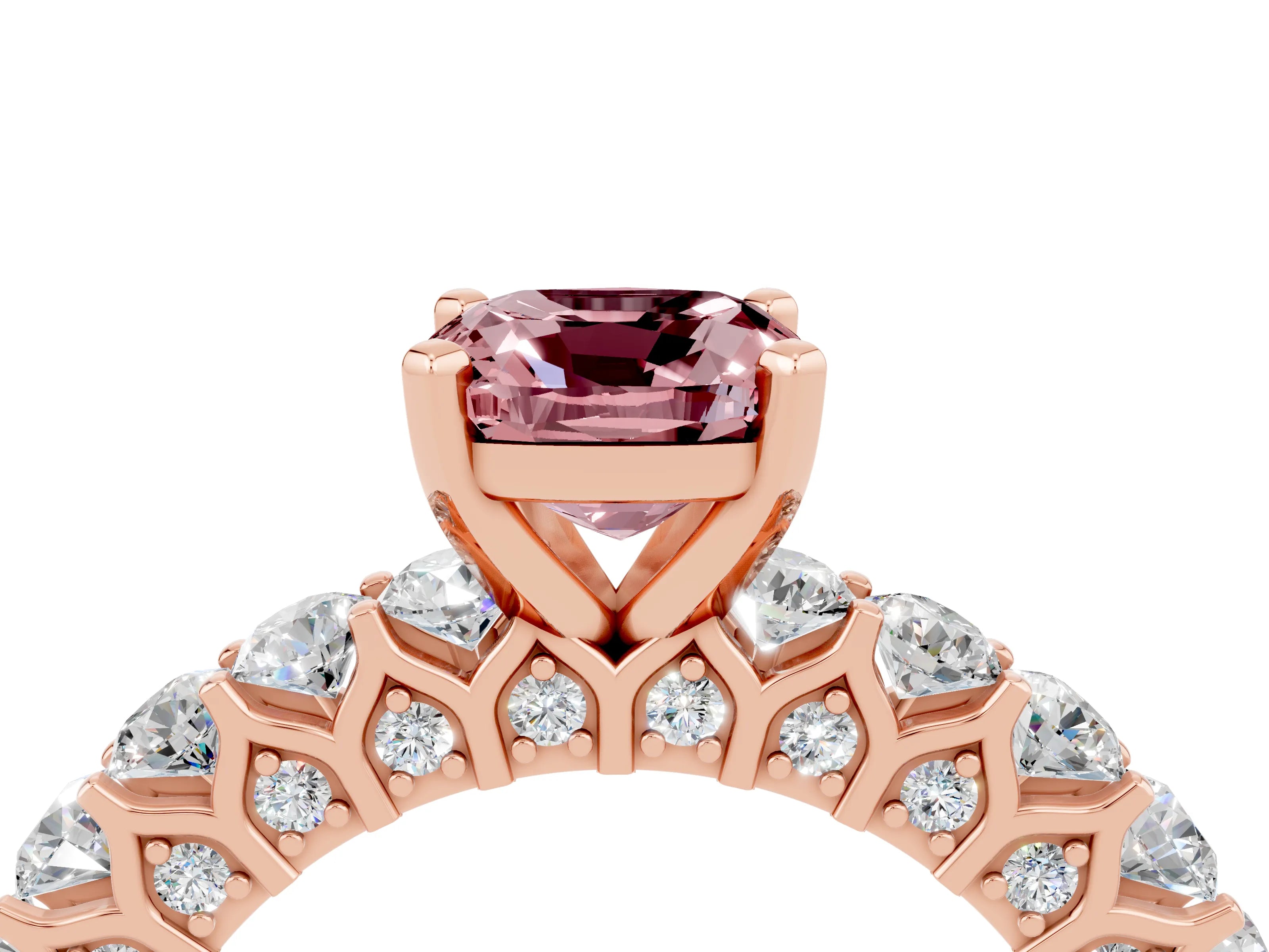 Rose gold Cushion Cut Morganite Solitaire Ring with Shared Prong Pavé Band and Four-Prong Setting_4