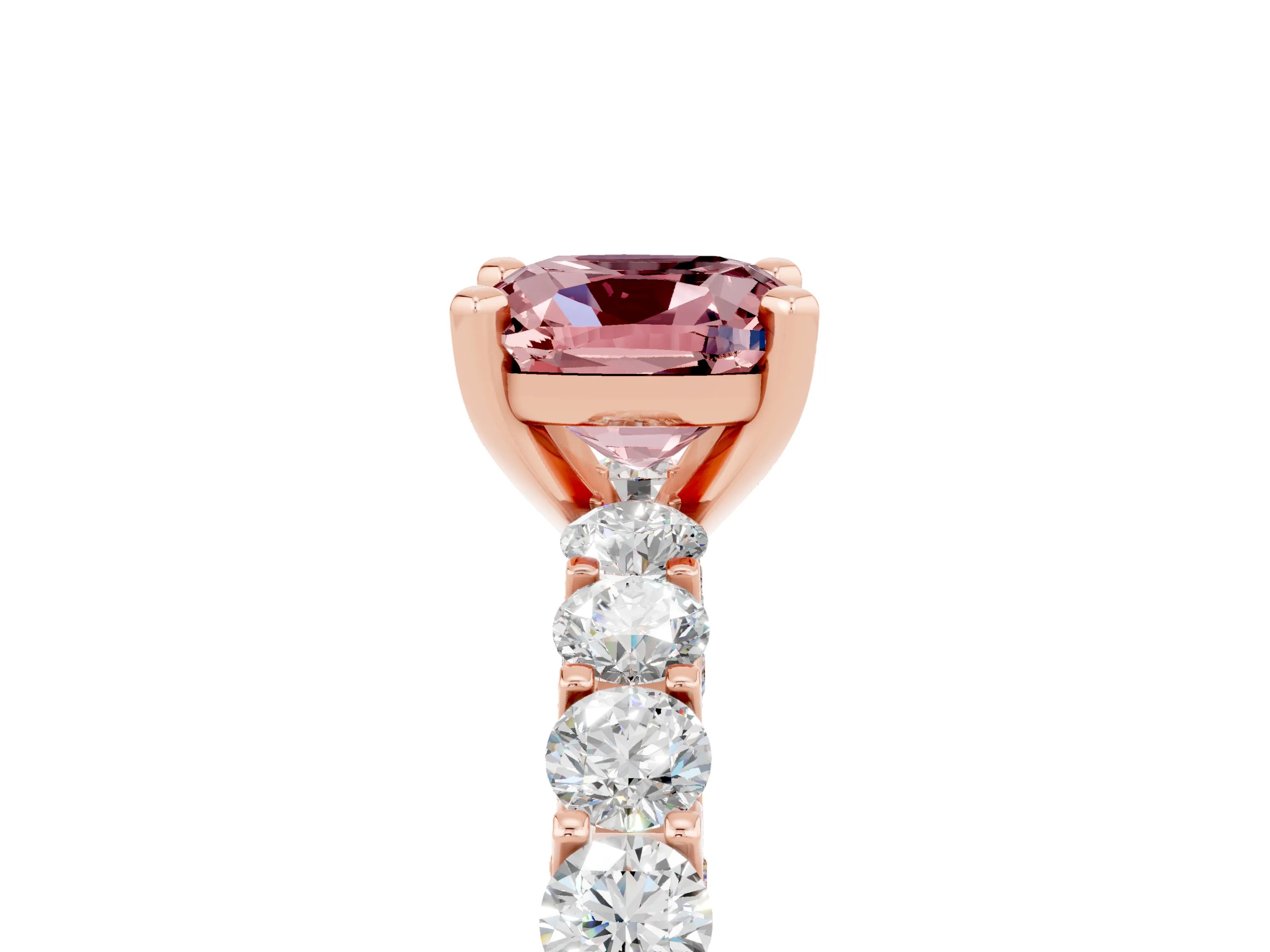 Rose gold Cushion Cut Morganite Solitaire Ring with Shared Prong Pavé Band and Four-Prong Setting_5