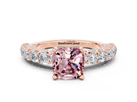 Rose gold Cushion Cut Morganite Solitaire Ring with Shared Prong Pavé Band and Four-Prong Setting