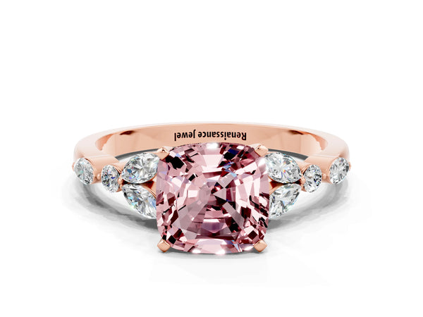Rose gold Cushion Cut Morganite Solitaire Ring with Side Stones and Four-Prong Setting