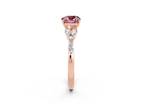 Rose gold Cushion Cut Morganite Solitaire Ring with Side Stones and Four-Prong Setting