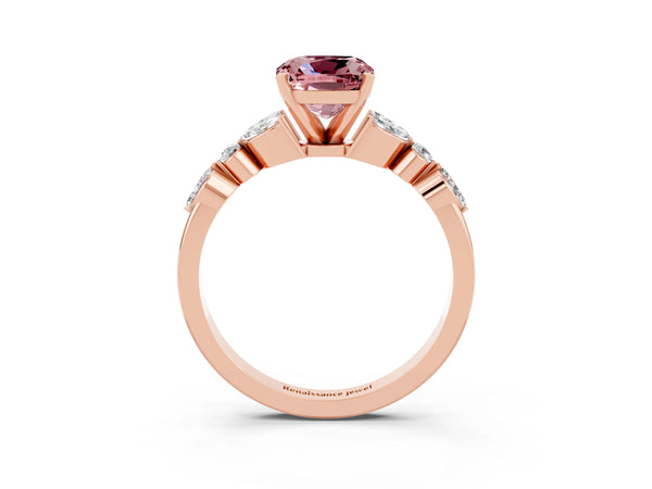 Rose gold Cushion Cut Morganite Solitaire Ring with Side Stones and Four-Prong Setting