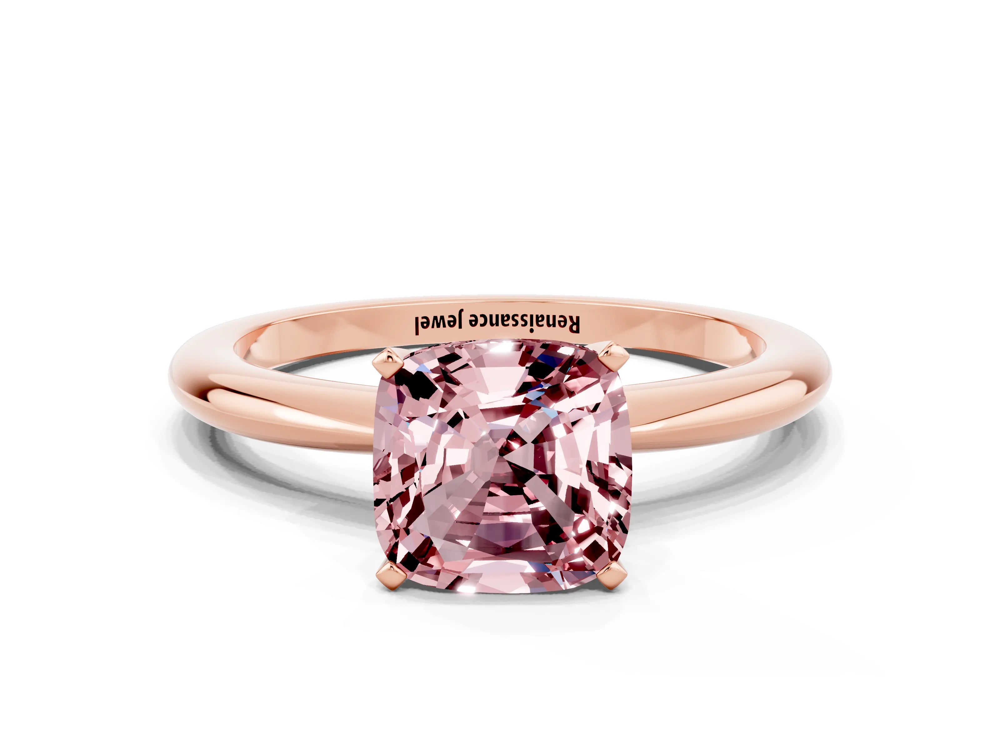 Rose gold Cushion Cut Morganite Solitaire Ring with Six-Prong Setting and Classic Band