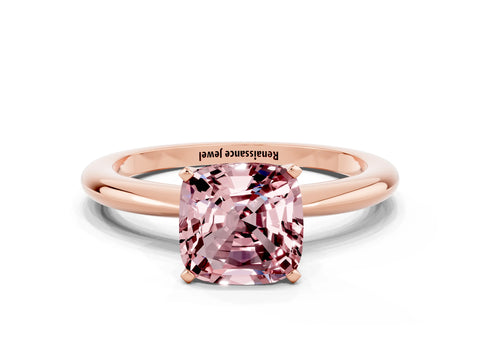 Rose gold Cushion Cut Morganite Solitaire Ring with Six-Prong Setting and Classic Band