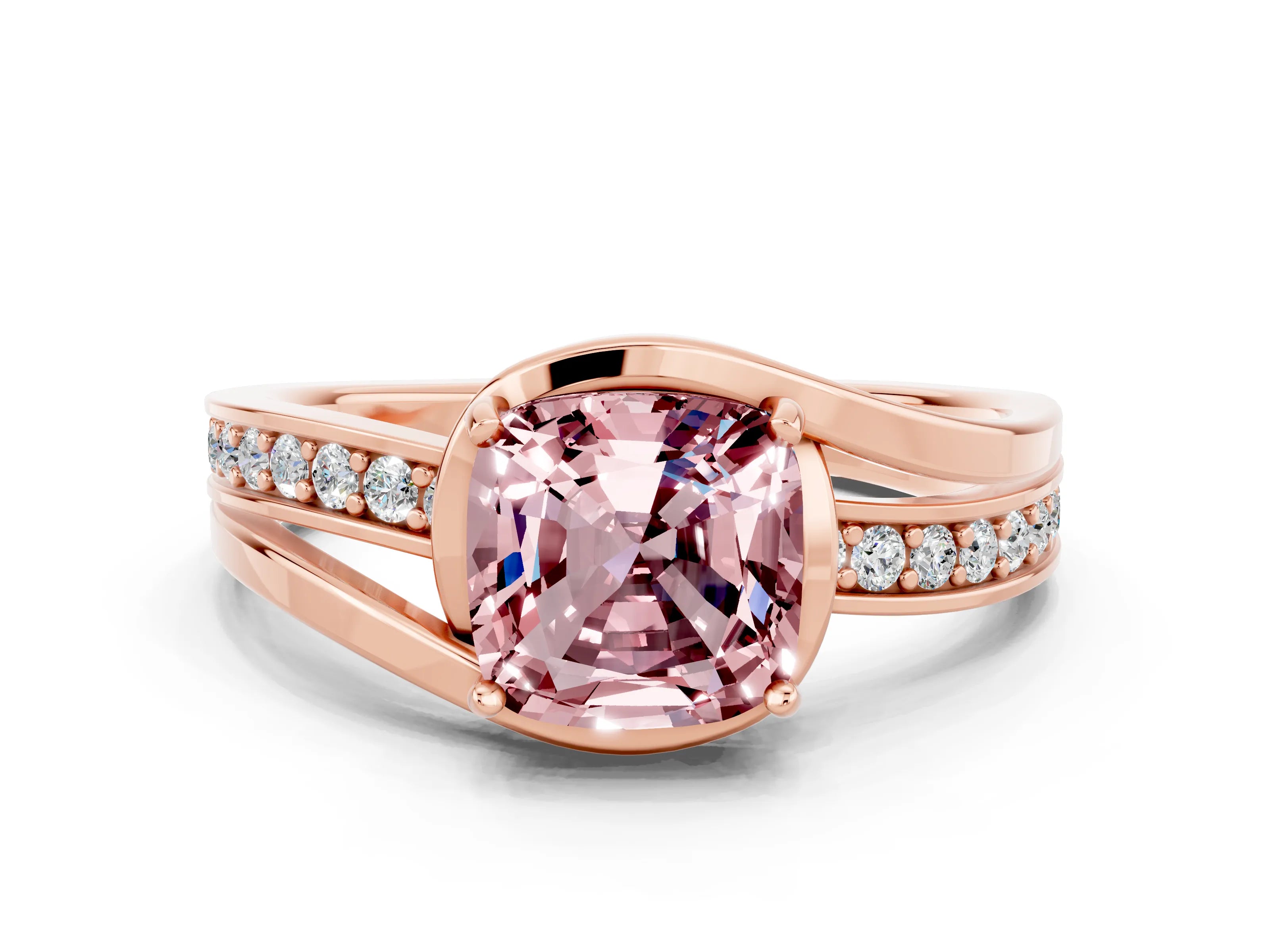 Rose gold Cushion Cut Morganite Solitaire Ring with Split Shank and Prong Setting