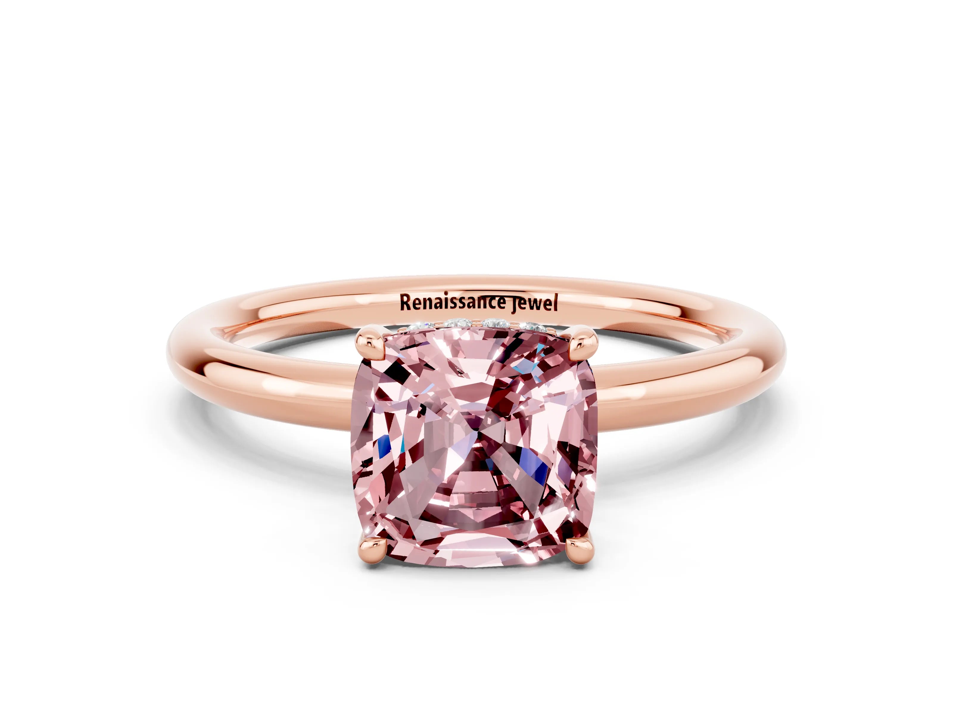 Rose gold Cushion Cut Morganite Solitaire Ring with Thin Band and Four-Prong Setting
