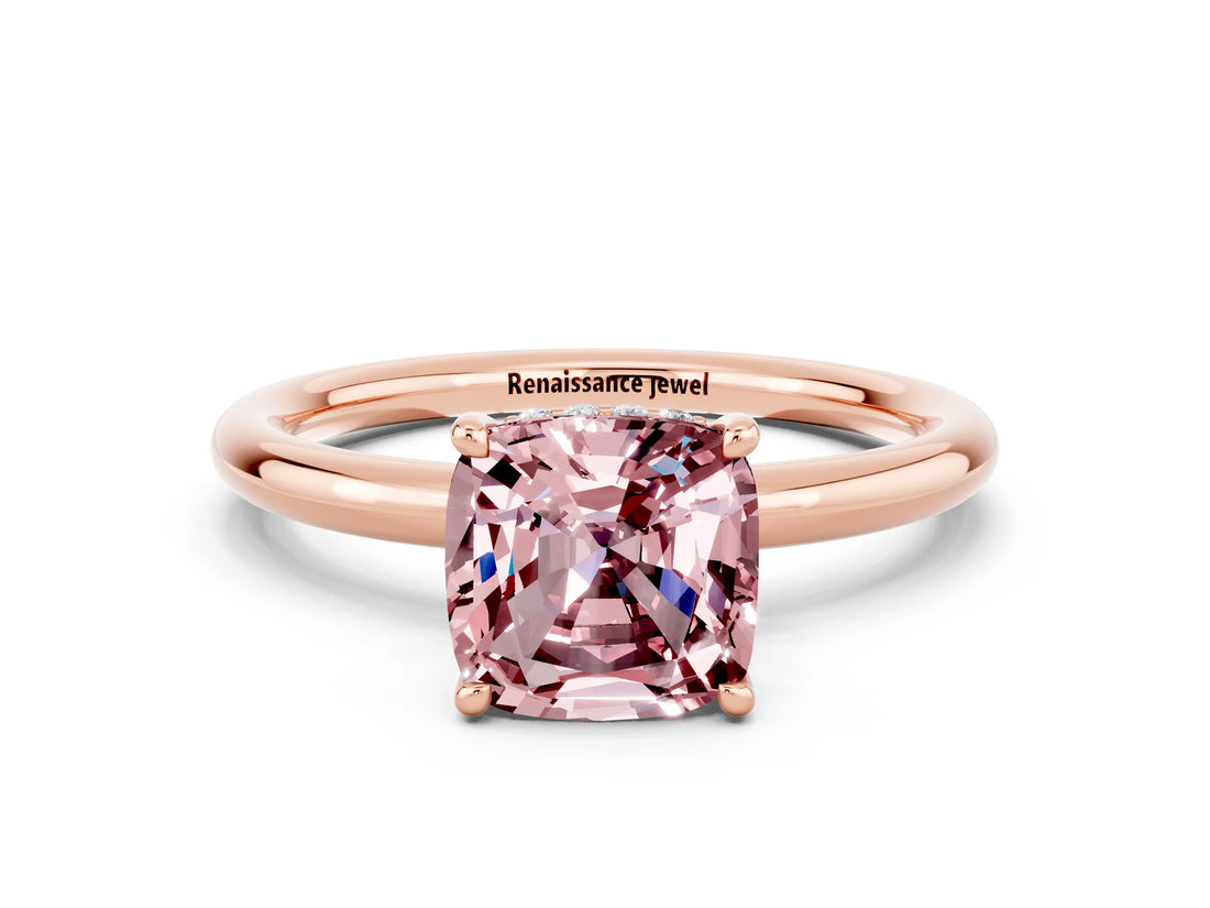 Rose gold Cushion Cut Morganite Solitaire Ring with Thin Band and Four-Prong Setting