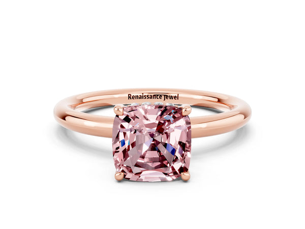 Rose gold Cushion Cut Morganite Solitaire Ring with Thin Band and Four-Prong Setting