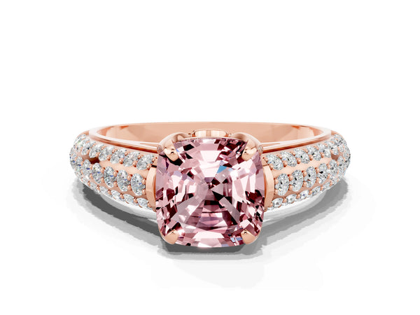 Rose gold Cushion Cut Morganite Solitaire Ring with Three-Row Pavé Band and Four-Prong Setting
