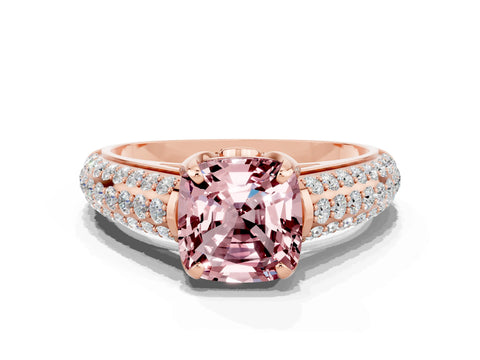 Rose gold Cushion Cut Morganite Solitaire Ring with Three-Row Pavé Band and Four-Prong Setting_12