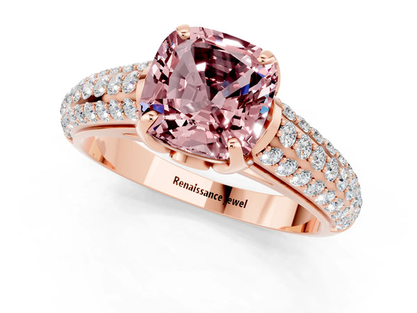 Rose gold Cushion Cut Morganite Solitaire Ring with Three-Row Pavé Band and Four-Prong Setting