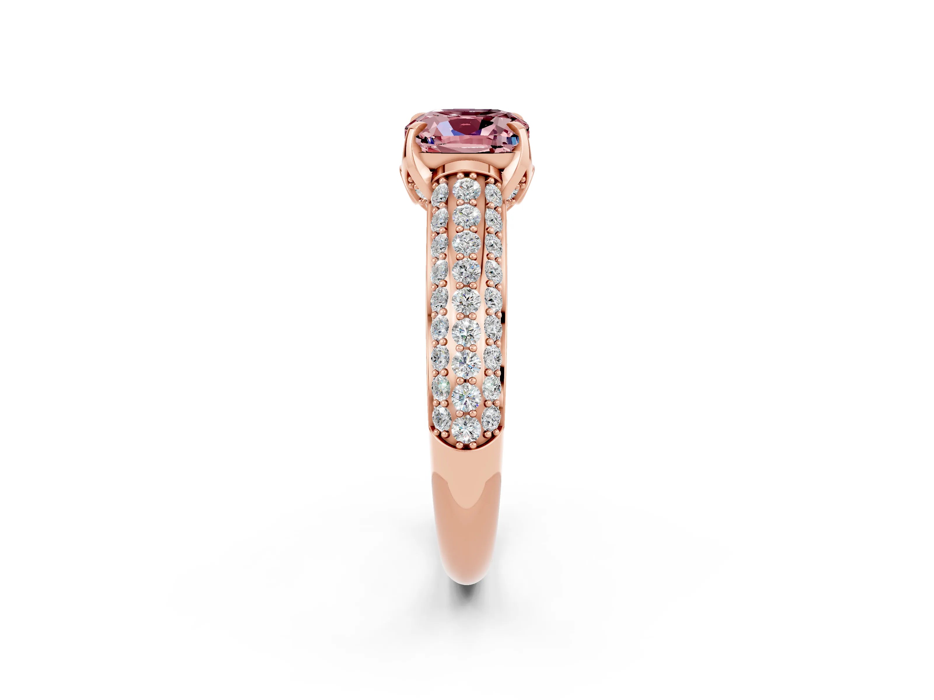 Rose gold Cushion Cut Morganite Solitaire Ring with Three-Row Pavé Band and Four-Prong Setting_14