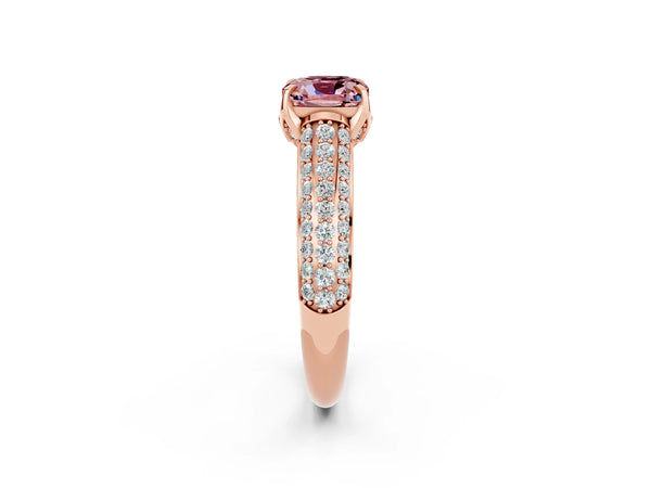 Rose gold Cushion Cut Morganite Solitaire Ring with Three-Row Pavé Band and Four-Prong Setting