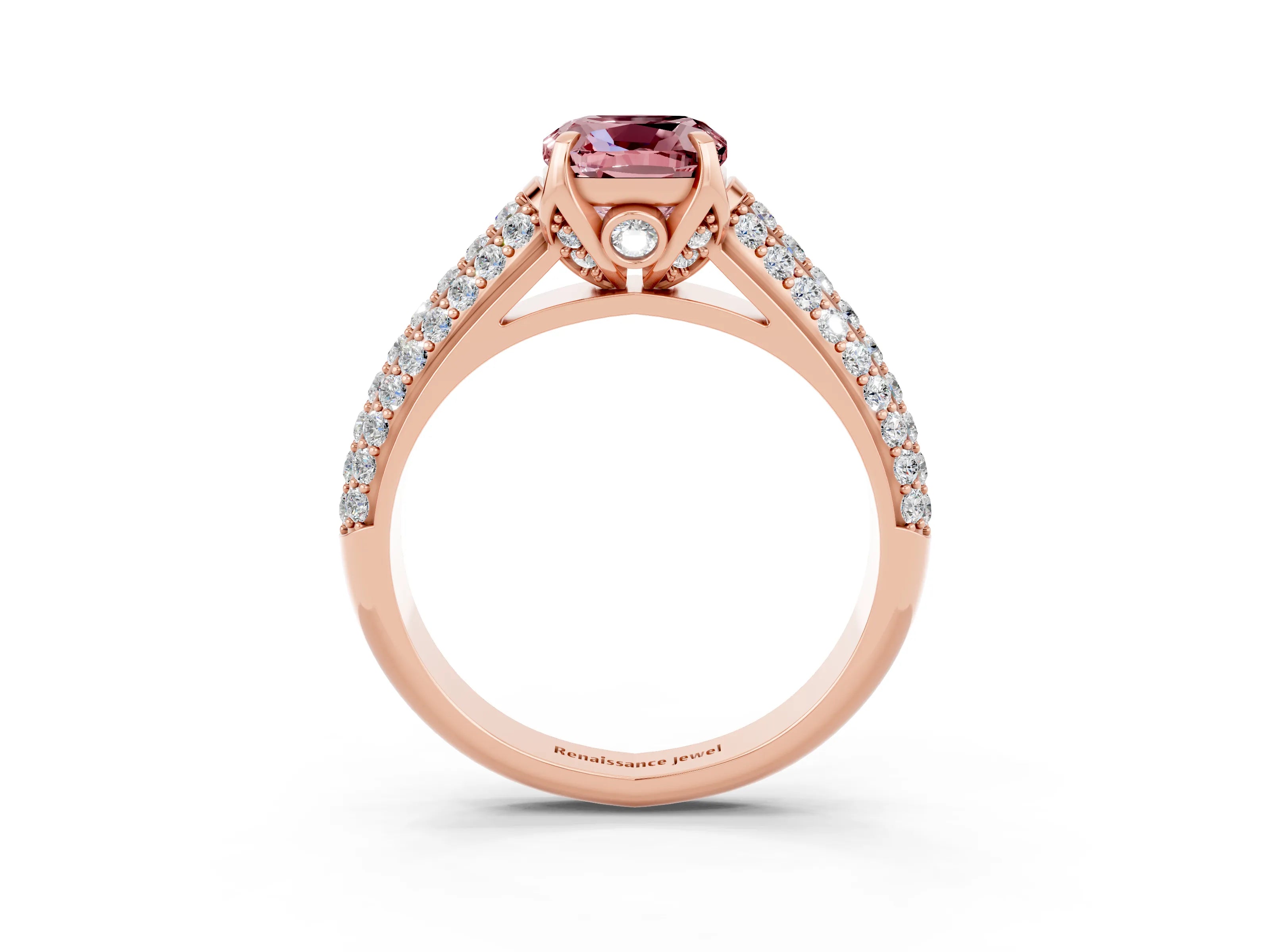 Rose gold Cushion Cut Morganite Solitaire Ring with Three-Row Pavé Band and Four-Prong Setting_15
