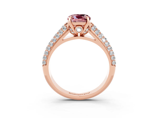 Rose gold Cushion Cut Morganite Solitaire Ring with Three-Row Pavé Band and Four-Prong Setting