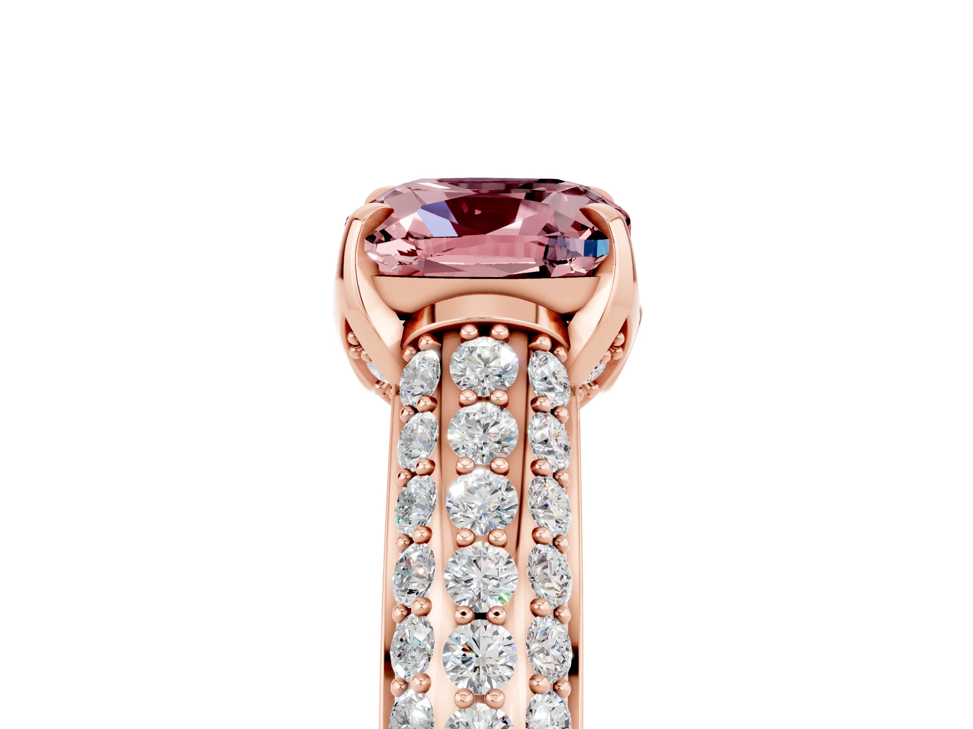 Rose gold Cushion Cut Morganite Solitaire Ring with Three-Row Pavé Band and Four-Prong Setting_17