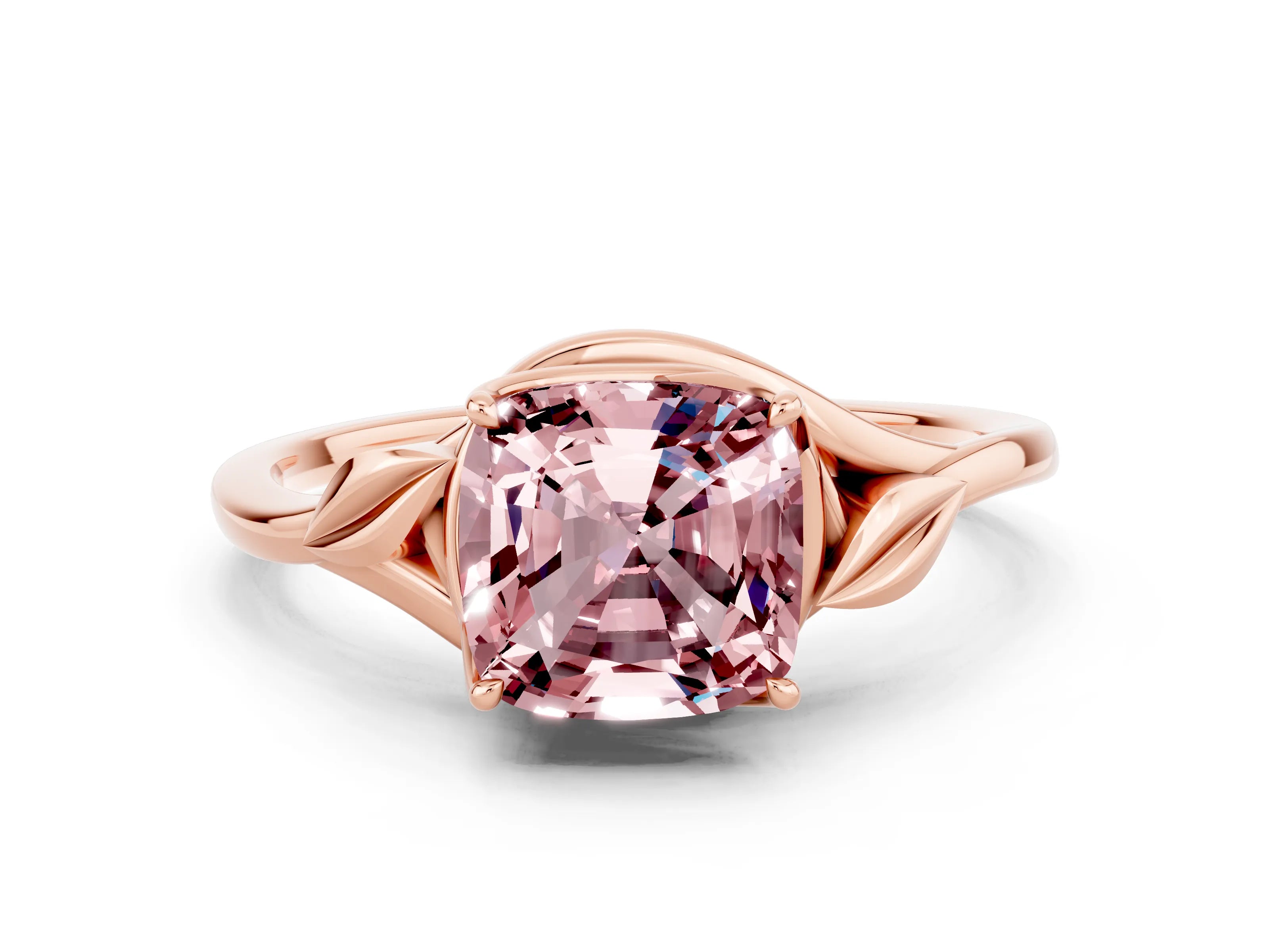 Rose gold Cushion Cut Morganite Solitaire Ring with Twist Band and Four-Prong Setting_24