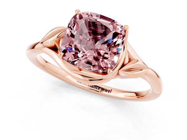 Rose gold Cushion Cut Morganite Solitaire Ring with Twist Band and Four-Prong Setting