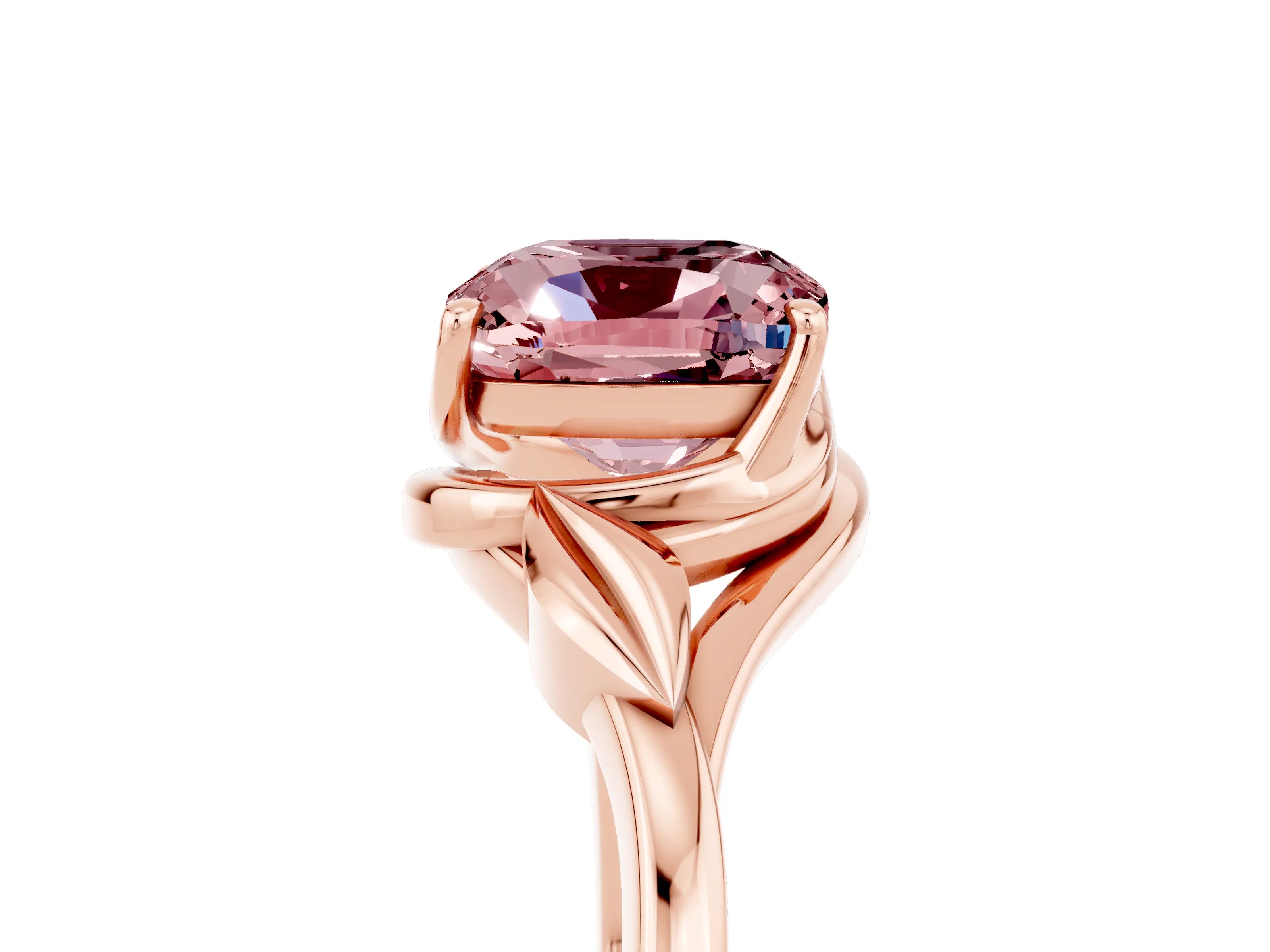 Rose gold Cushion Cut Morganite Solitaire Ring with Twist Band and Four-Prong Setting_29