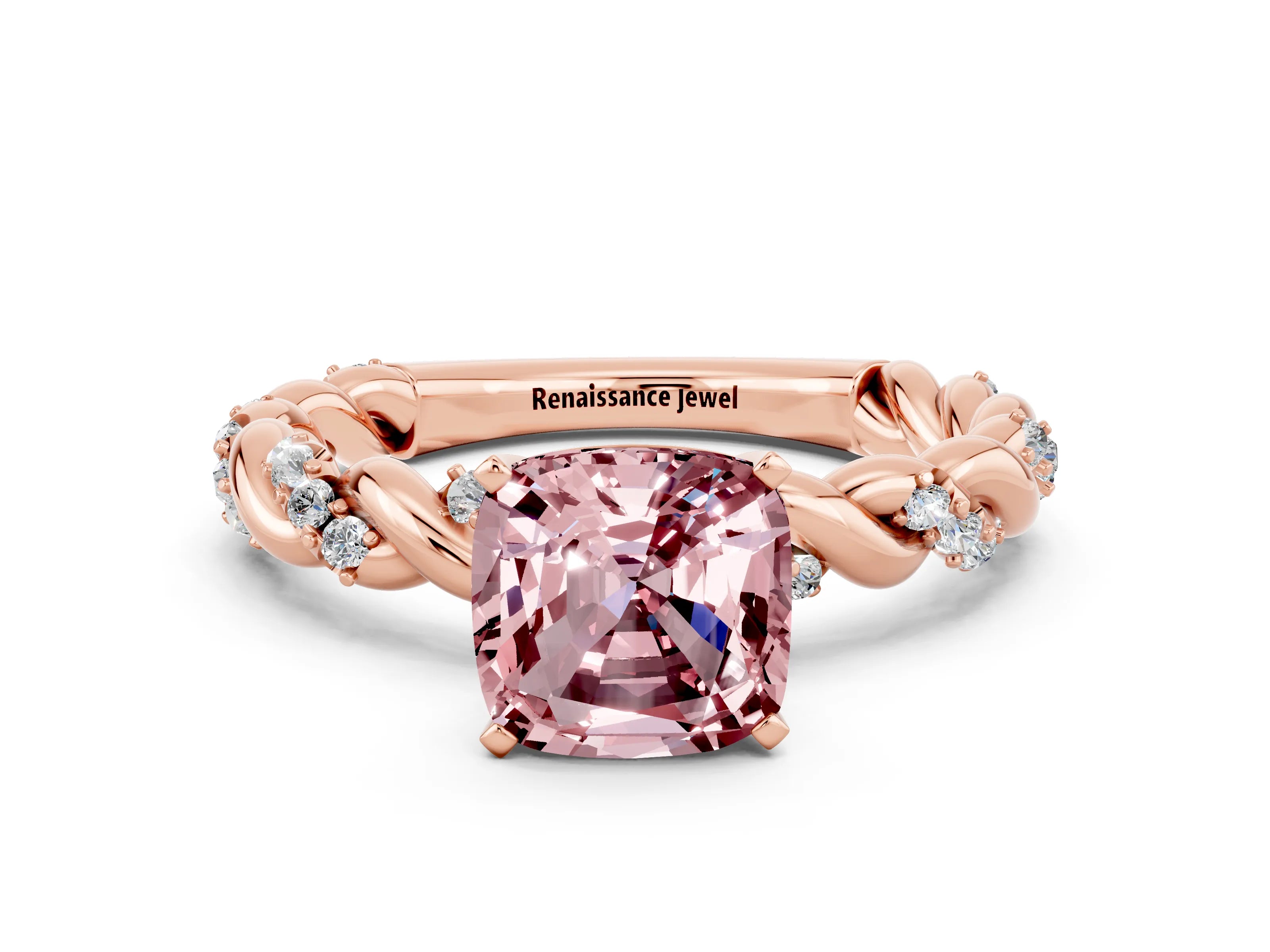 Rose gold Cushion Cut Morganite Solitaire Ring with Twisted Band and Pavé Accents
