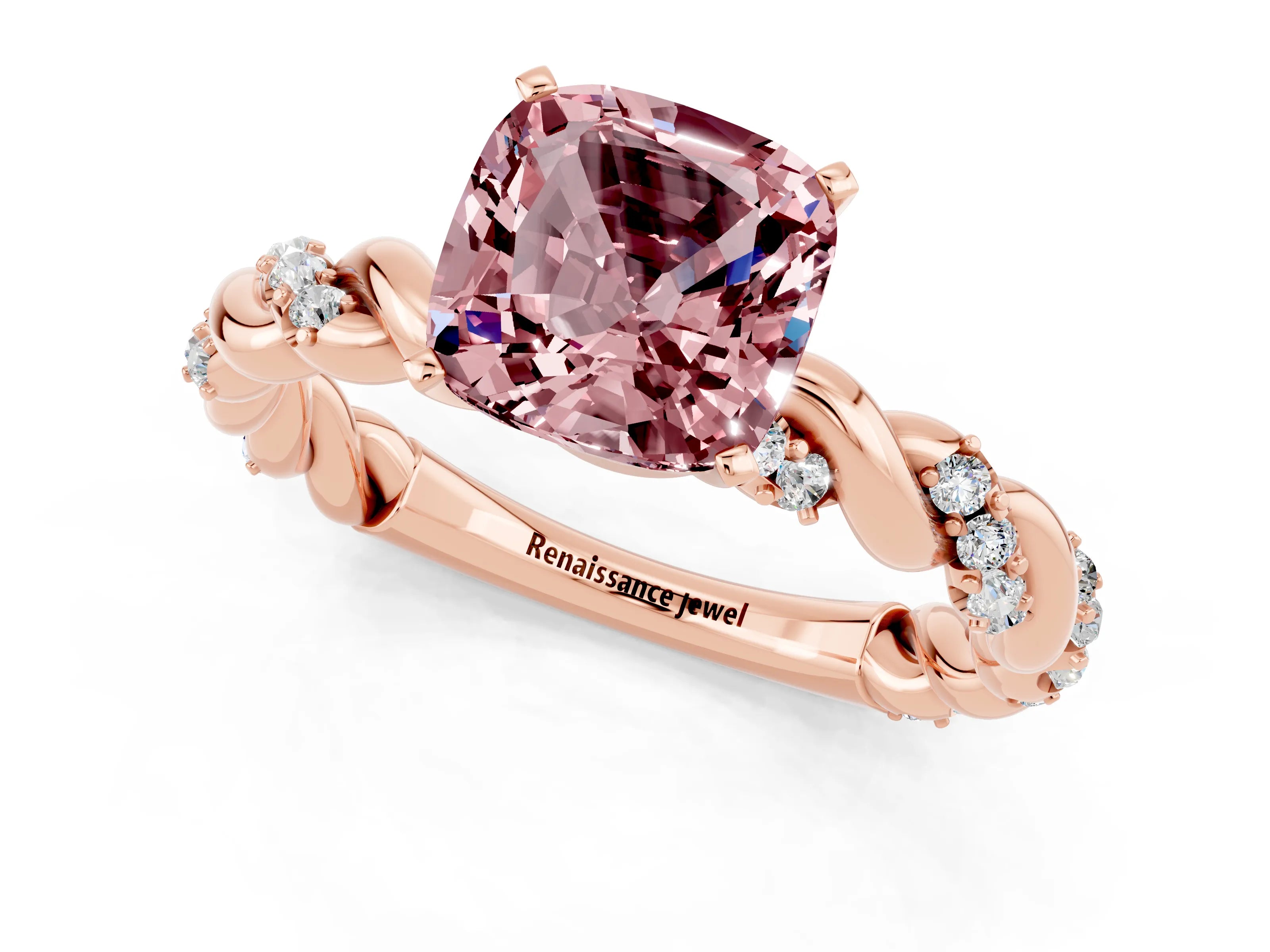 Rose gold Cushion Cut Morganite Solitaire Ring with Twisted Band and Pavé Accents_1