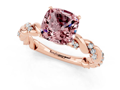 Rose gold Cushion Cut Morganite Solitaire Ring with Twisted Band and Pavé Accents_1