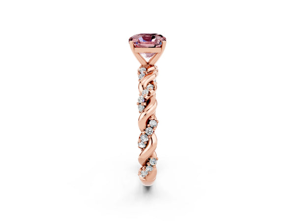 Rose gold Cushion Cut Morganite Solitaire Ring with Twisted Band and Pavé Accents