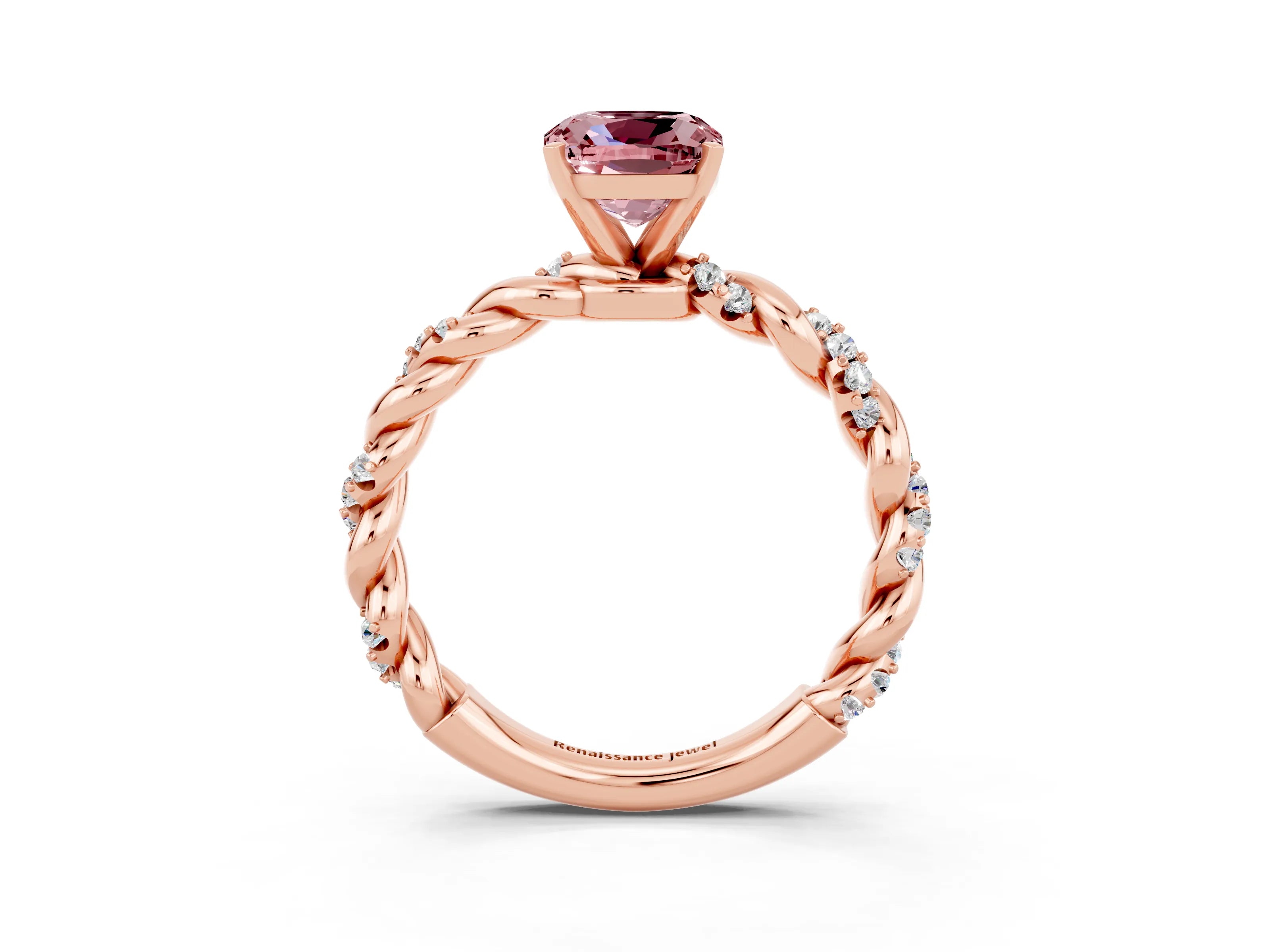 Rose gold Cushion Cut Morganite Solitaire Ring with Twisted Band and Pavé Accents_3