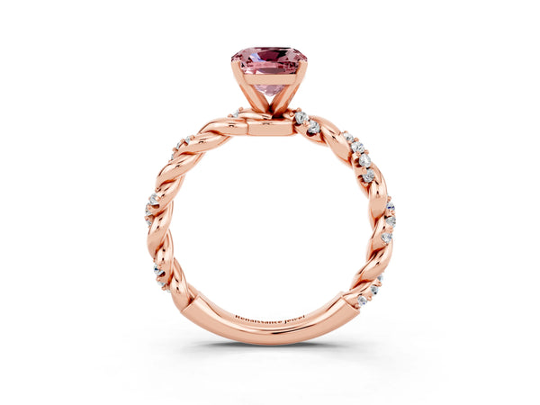Rose gold Cushion Cut Morganite Solitaire Ring with Twisted Band and Pavé Accents