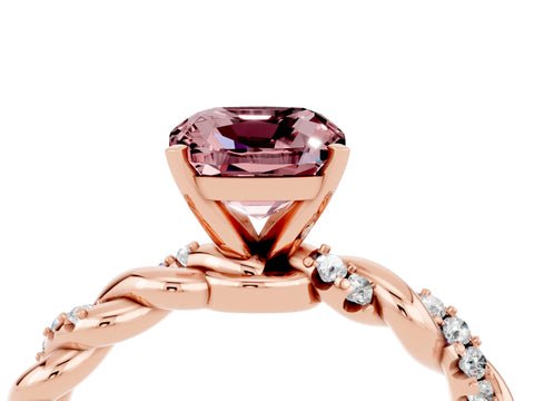 Rose gold Cushion Cut Morganite Solitaire Ring with Twisted Band and Pavé Accents_4