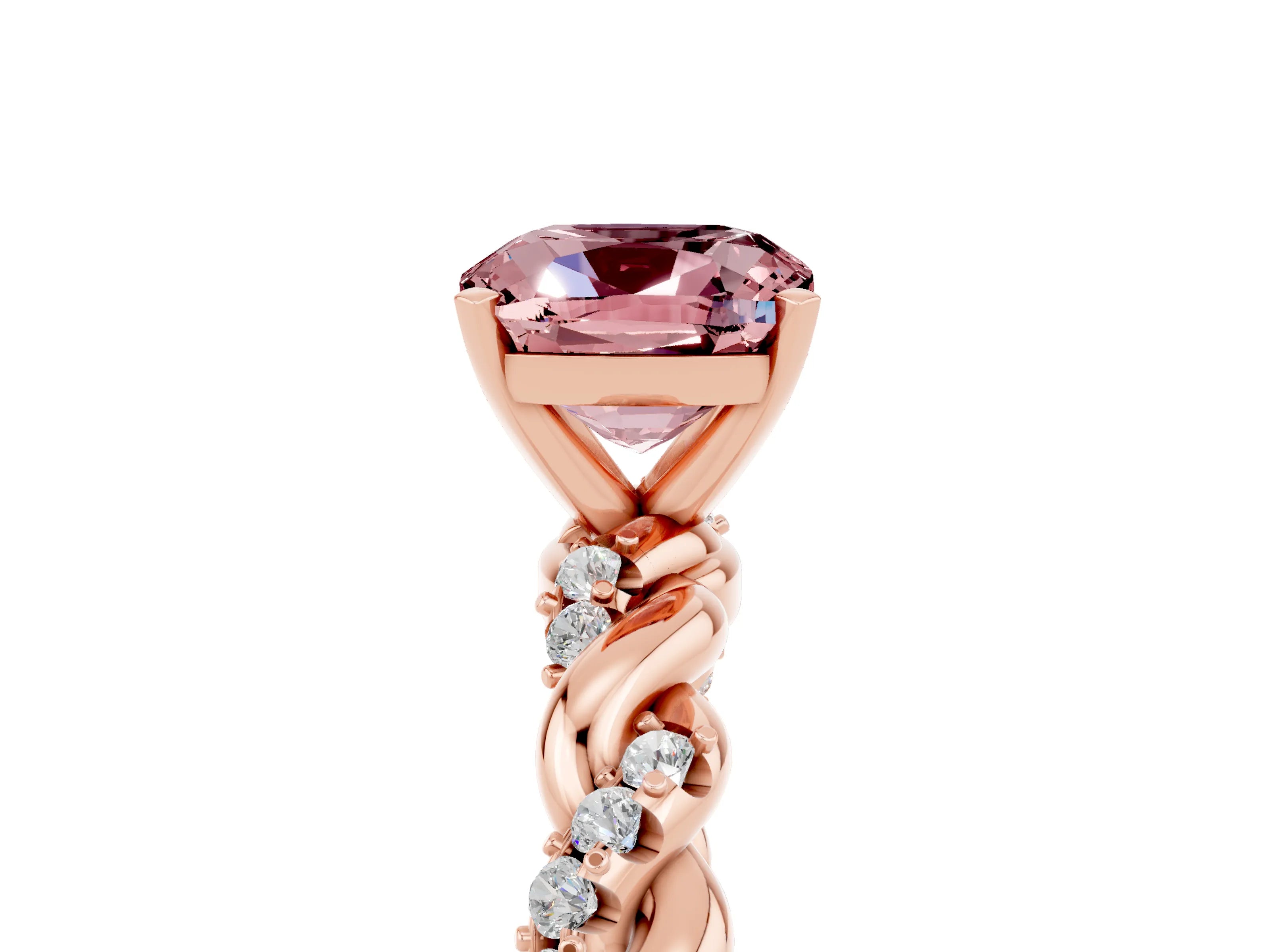 Rose gold Cushion Cut Morganite Solitaire Ring with Twisted Band and Pavé Accents_5