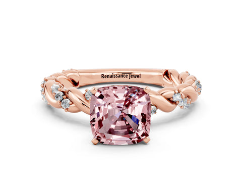 Rose gold Cushion Cut Morganite Solitaire Ring with Twisted Band and Pavé Accents