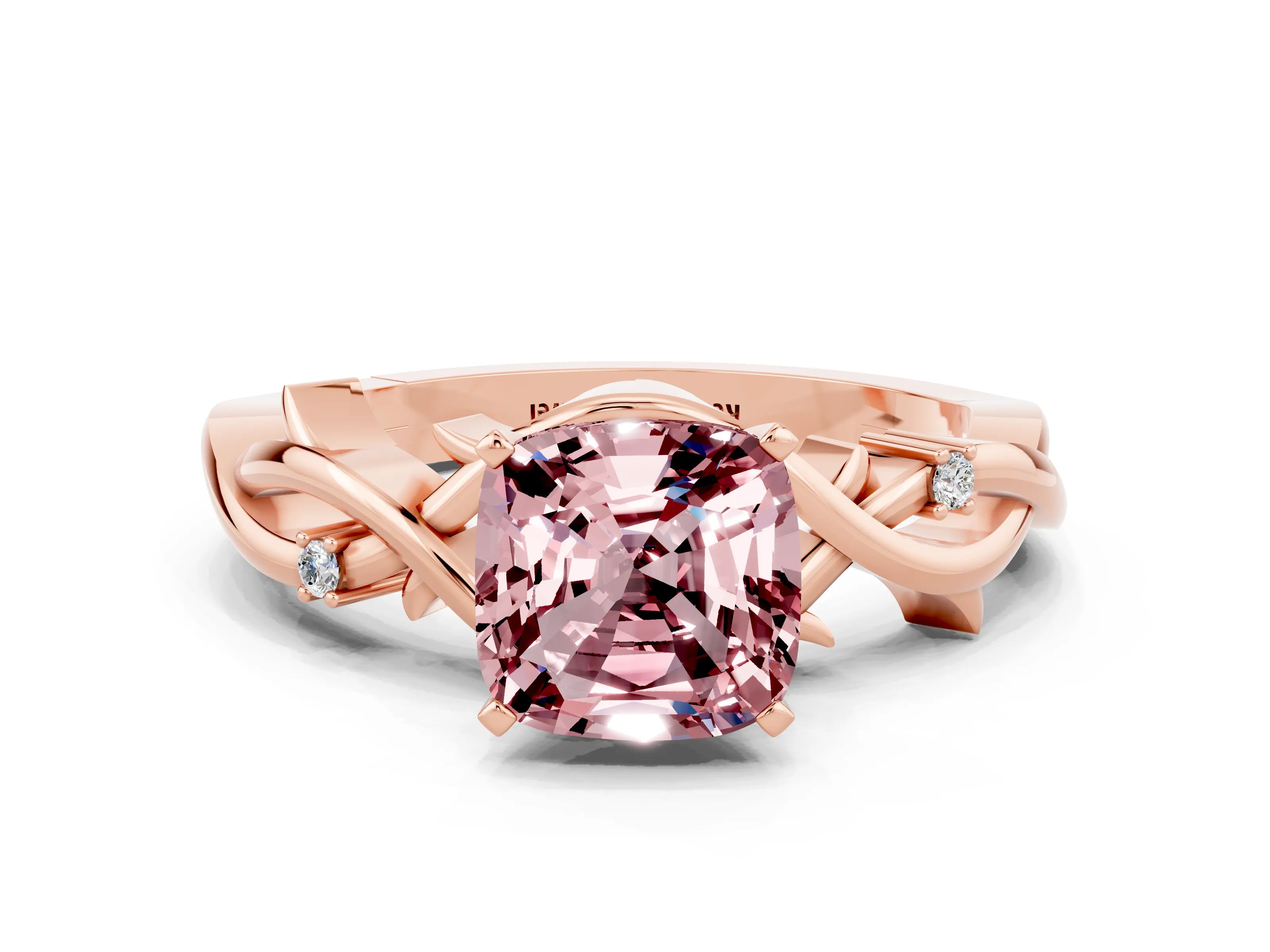 Rose gold Cushion Cut Morganite Solitaire Ring with Twisted Band and Prong Setting