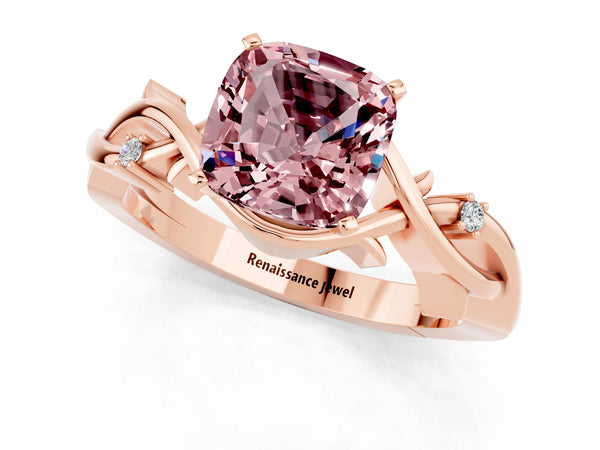 Rose gold Cushion Cut Morganite Solitaire Ring with Twisted Band and Prong Setting