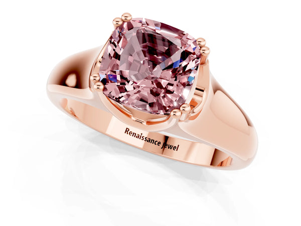 Rose gold Cushion Cut Morganite Solitaire Ring with Wide Band and Prong Setting
