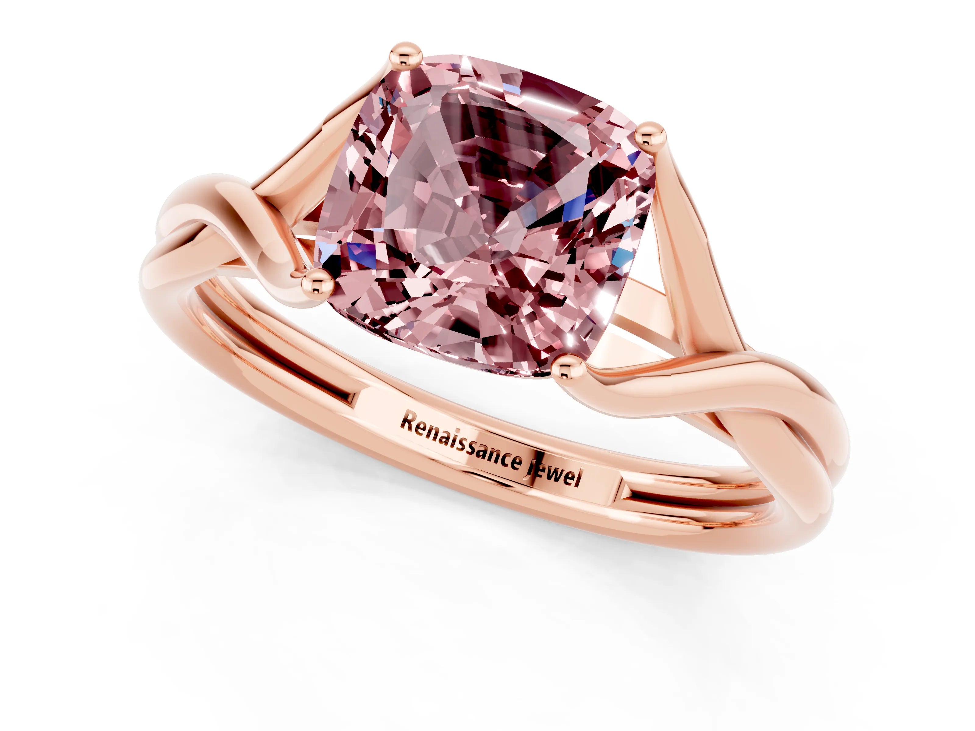 Rose gold Cushion Cut Morganite Solitaire Twist Band Prong Setting Ring_25