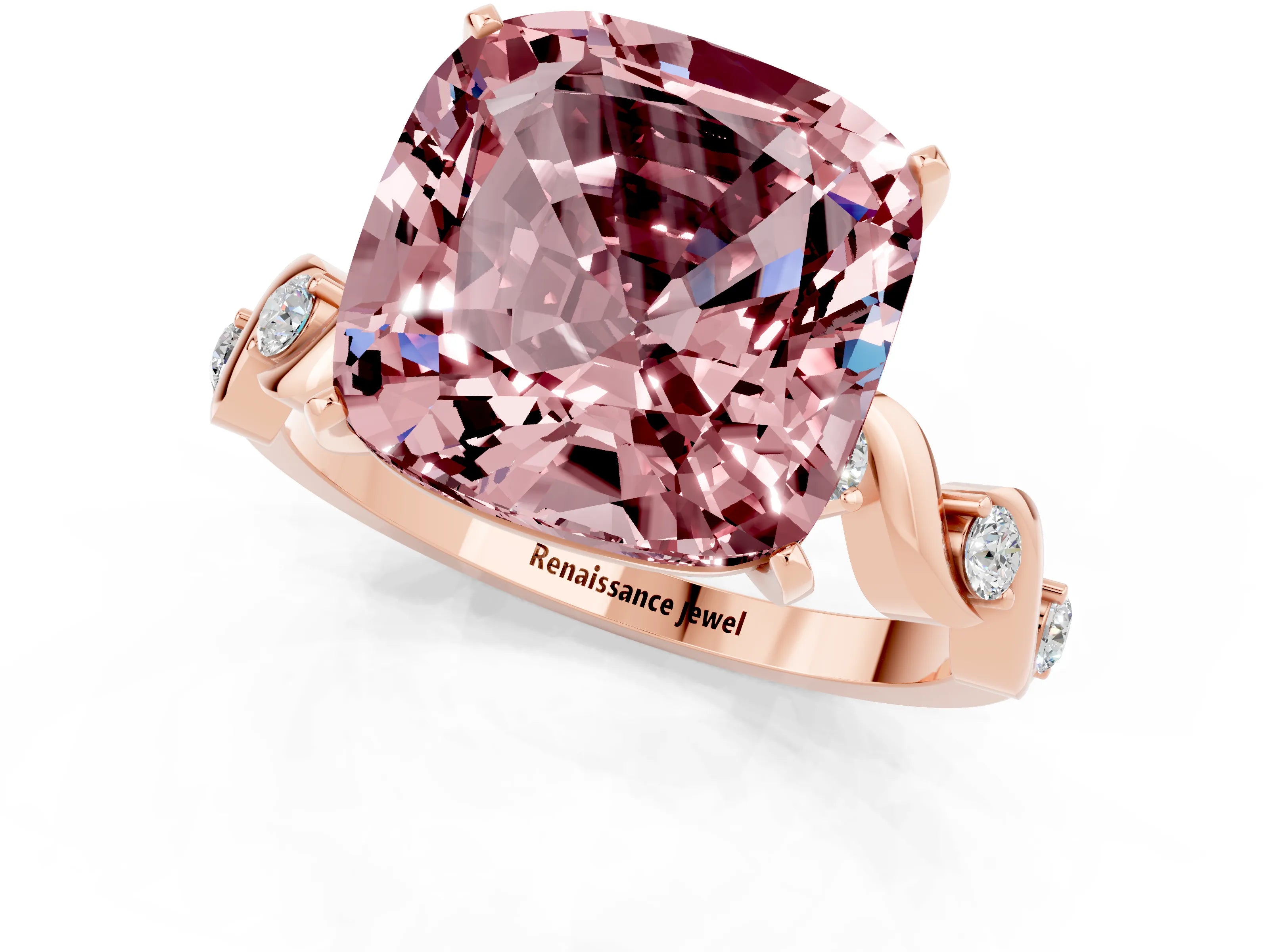 Rose gold Cushion Cut Morganite Solitaire Twisted Band with Round  Accents and Prong Setting_13
