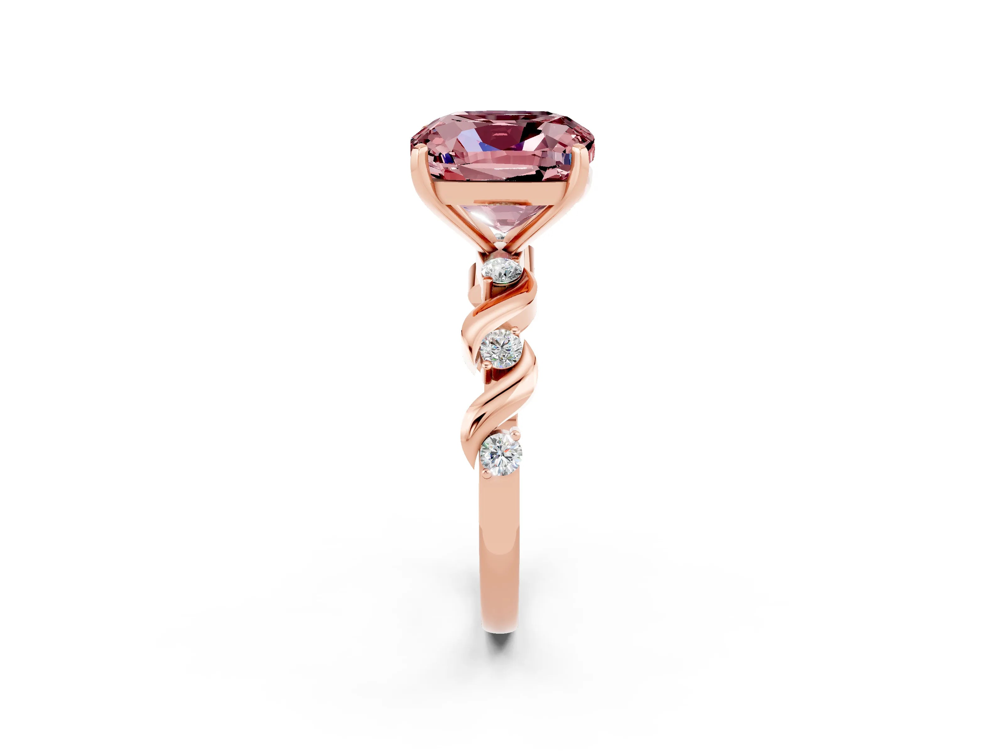 Rose gold Cushion Cut Morganite Solitaire Twisted Band with Round  Accents and Prong Setting_14