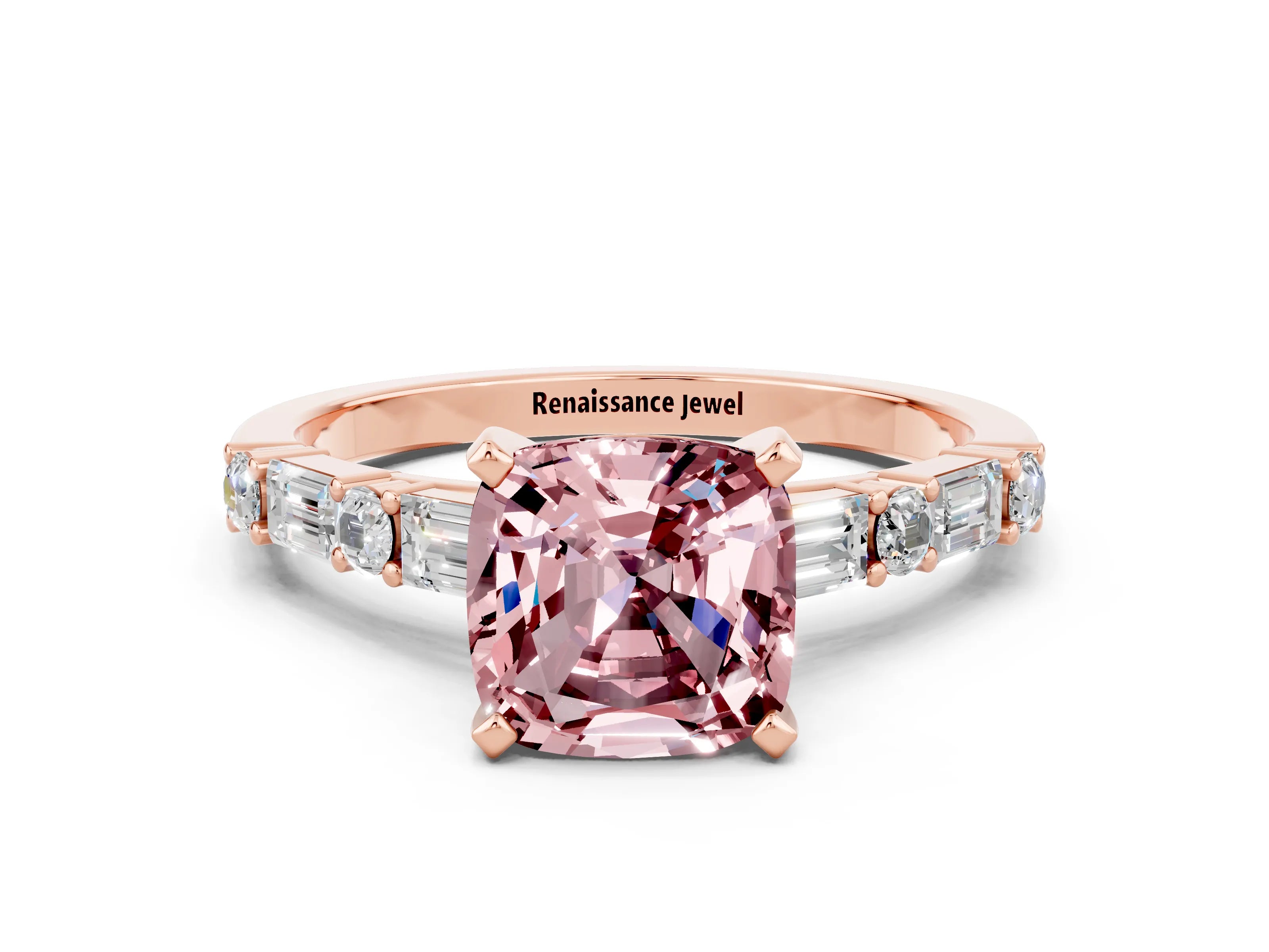 Rose gold Cushion Cut Morganite Solitaire with Side Baguettes and Channel Set Band
