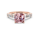 Rose gold Cushion Cut Morganite Solitaire with Side Baguettes and Channel Set Band