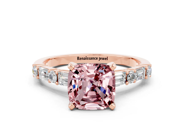 Rose gold Cushion Cut Morganite Solitaire with Side Baguettes and Channel Set Band