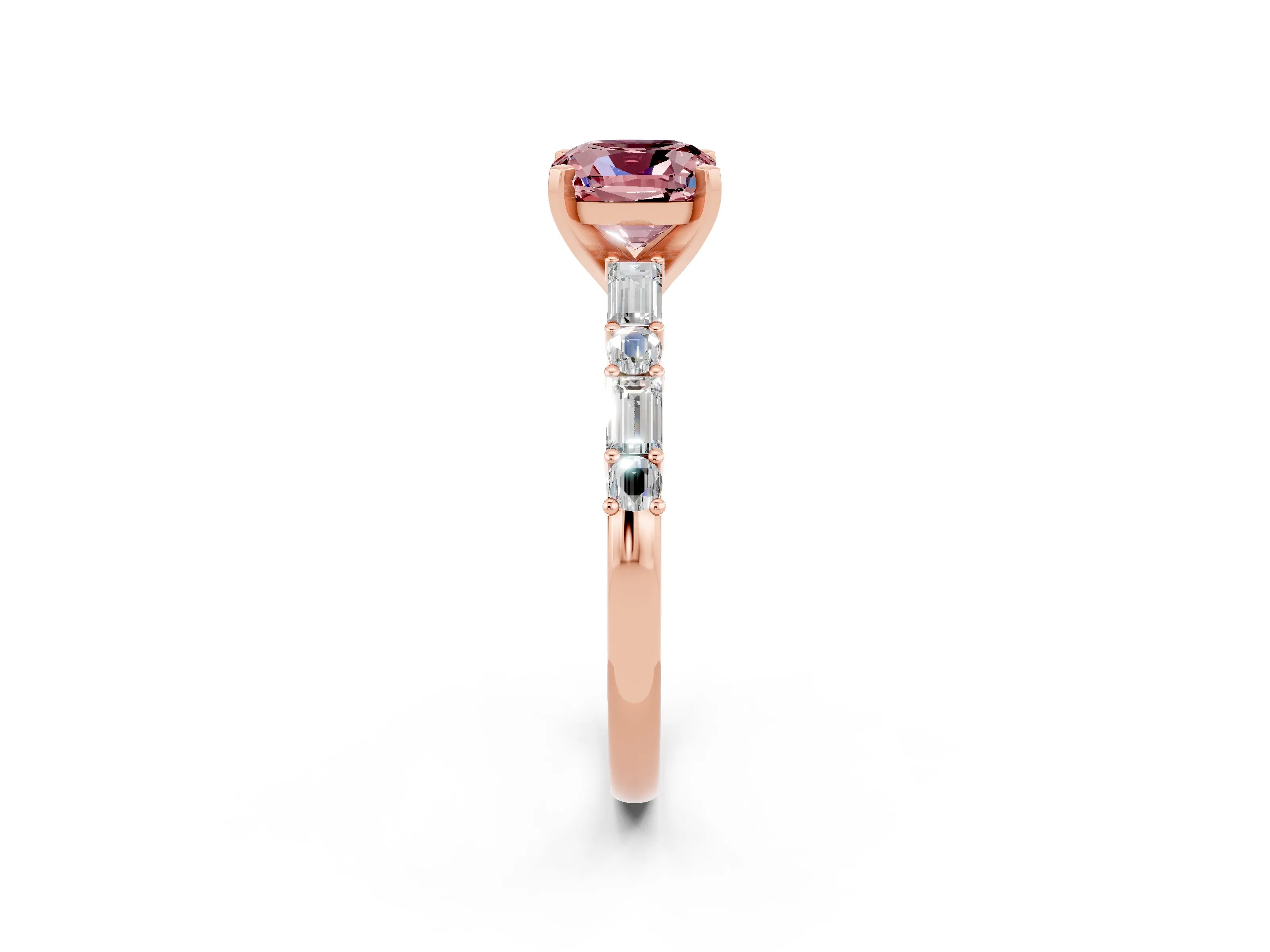 Rose gold Cushion Cut Morganite Solitaire with Side Baguettes and Channel Set Band_2
