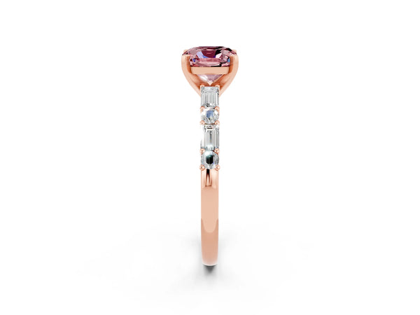 Rose gold Cushion Cut Morganite Solitaire with Side Baguettes and Channel Set Band