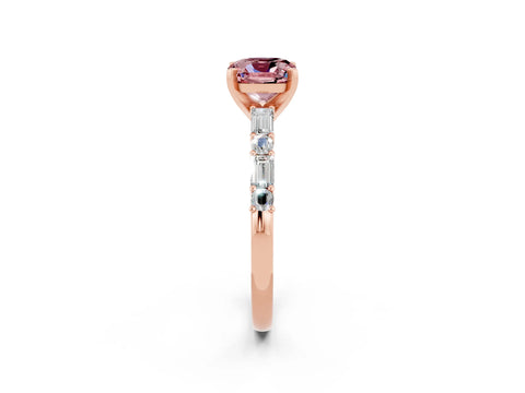 Rose gold Cushion Cut Morganite Solitaire with Side Baguettes and Channel Set Band_2