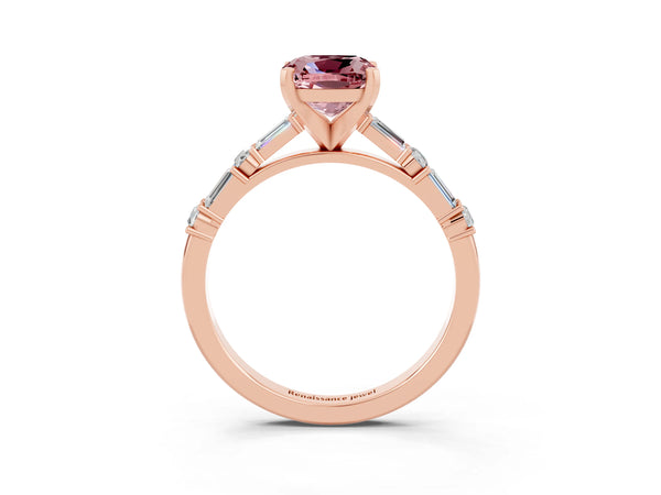 Rose gold Cushion Cut Morganite Solitaire with Side Baguettes and Channel Set Band