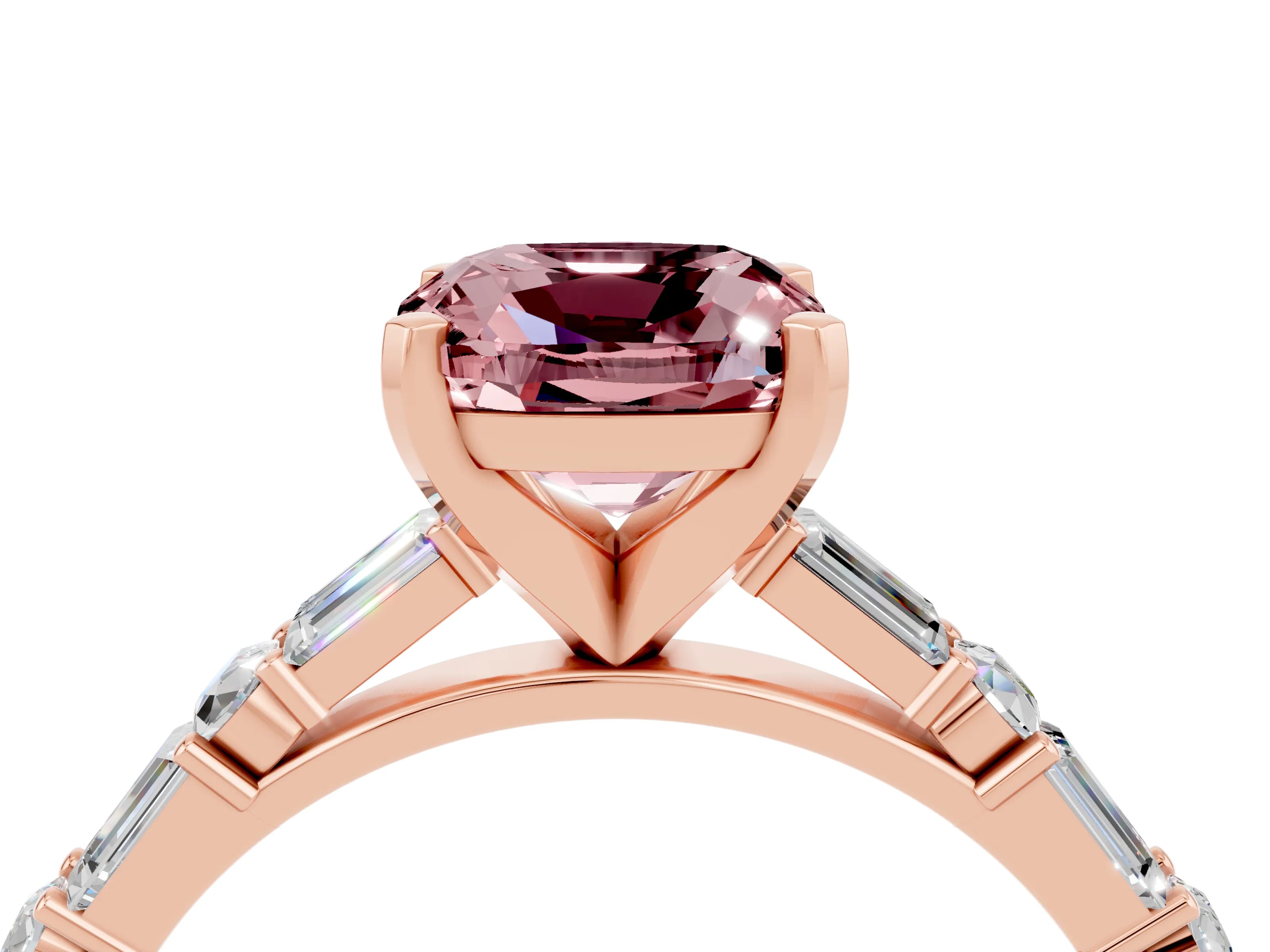 Rose gold Cushion Cut Morganite Solitaire with Side Baguettes and Channel Set Band_4
