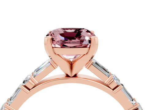 Rose gold Cushion Cut Morganite Solitaire with Side Baguettes and Channel Set Band_4