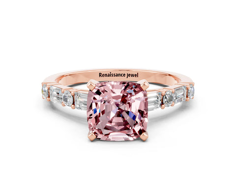Rose gold Cushion Cut Morganite Solitaire with Side Baguettes and Channel Set Band