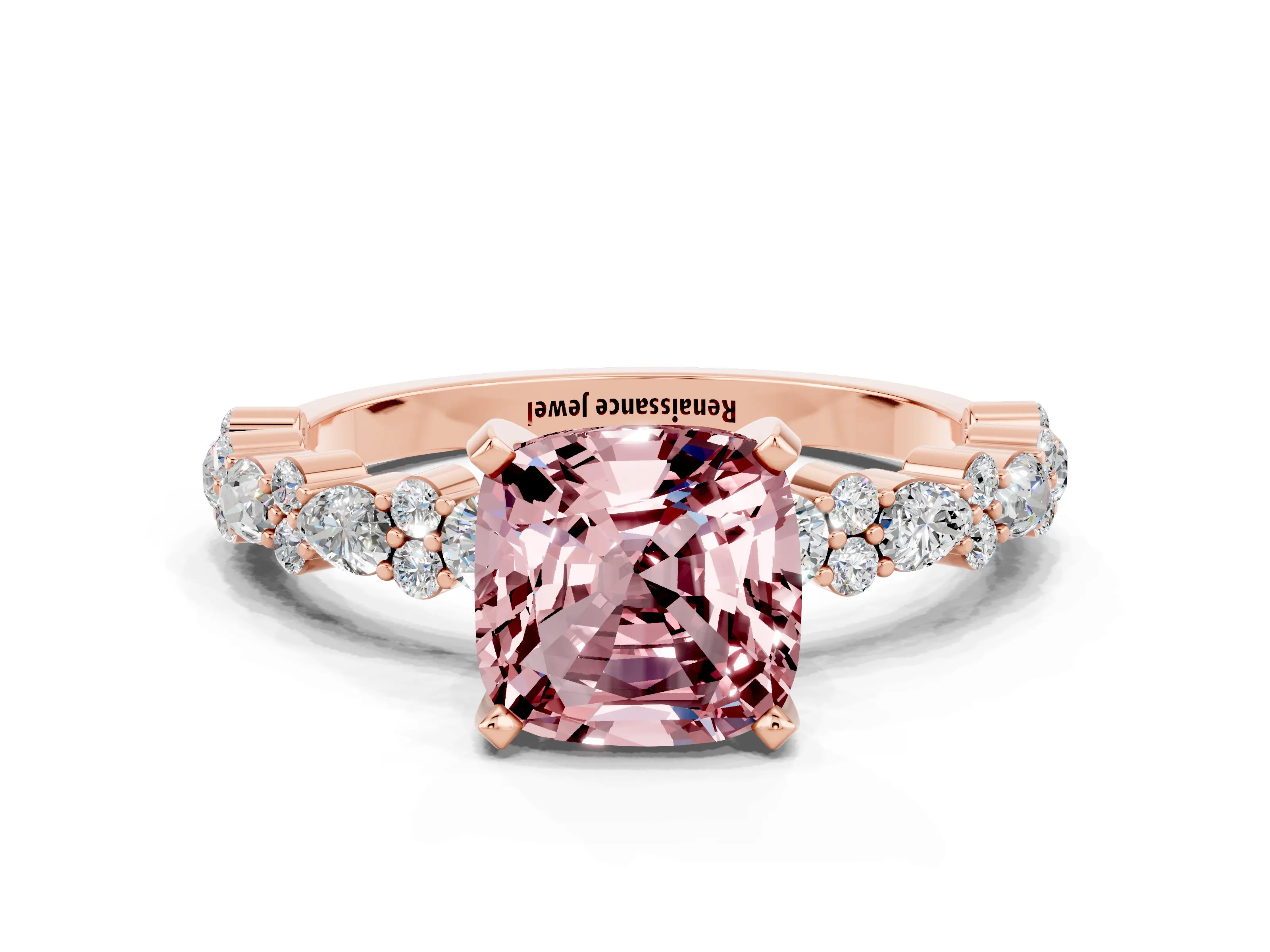 Rose gold Cushion Cut Morganite Solitaire with Side Stones, Pave Band, Four-Prong Setting_36